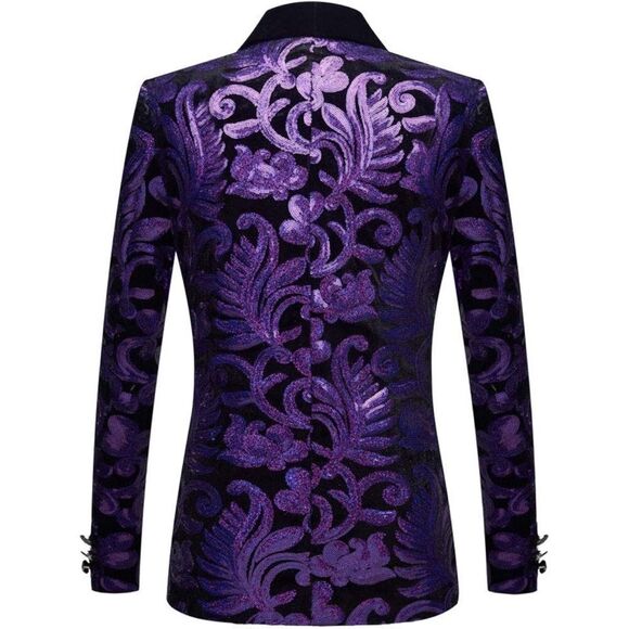 Men Fashion Velvet Sequins Floral Pattern Suit Jacket Blazer NEW w/ Tag Purple - Picture 2 of 4
